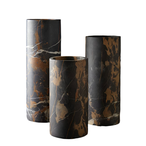 Chloris - Vase Cylinder Black & Gold Marble Honed Finish 12 "