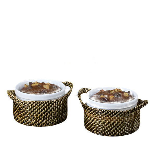 Round Souffle Dish Stoneware White & Baskets whit Handles (Set of 4)