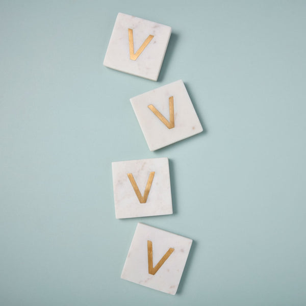 White Marble - Gold Monogram Letter "V" Coasters (Set of 4)