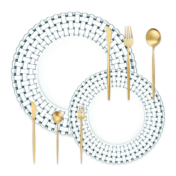 The Luxe Seder Tableware Set – 4 Bossa Nova Dinner Plates, 4 Bossa Nova Salad Plates, 12-Piece Gold Dinner Cutlery, 12-Piece Gold Dessert Cutlery