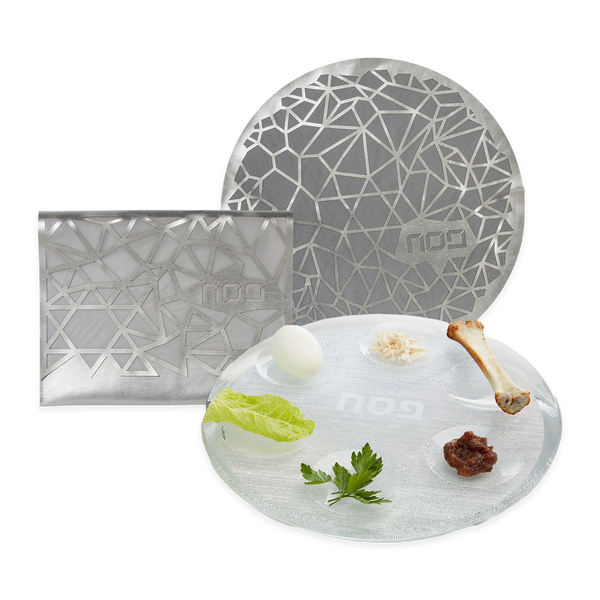 The Silver Seder Essentials – 1 Silver Passover Plate, 1 Silver Geometric Matzah Cover, 1 Silver Geometric Afikoman Bag
