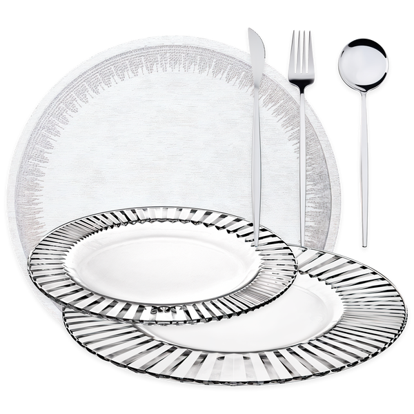 The Silver Dining Collection – 6 Diva Dinner Glass Plates, 6 Diva Salad/Dessert Glass Plates, 18-Piece Silver Cutlery, 4 Flare Silver Placemats