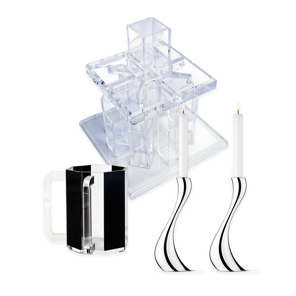 The Ritual Essentials Set – 1 Acrylic Kiddush Wine Fountain, 2 Cobra Medium Candlesticks, 1 Black Netilat Cup