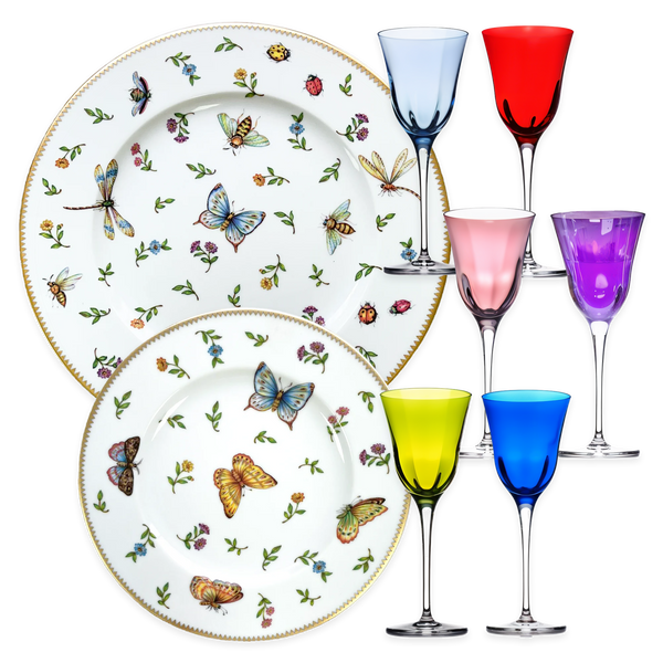 The Vibrant Passover Dining Set – 4 Primavera Dinner Plates, 4 Primavera Dessert Plates (Butterfly Design), 6 Water Goblets (Rainbow)