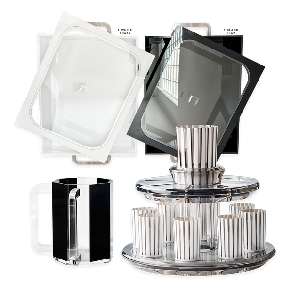 The Elevated Kiddush & Serving Set – 1 Kiddush Wine Fountain (Smoke & White, Set of 10), 3 Aluminum Tray Holders (White/White/Black), 1 Black Netilat Cup