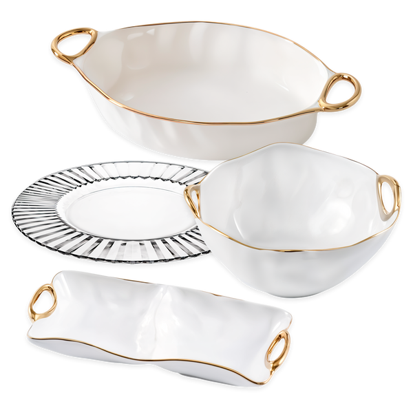 The Golden Feast Serving Set – 6 Diva Dinner Glass Plates, 1 Oval Baking Dish with Golden Handles, 1 Large Round Bowl with Golden Handles, 1 Two-Section Server with Golden Handles