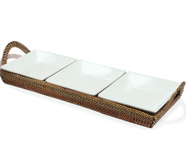 Crudite Section Condiment Rectangular Server Tray with 3 Porcelain Dish