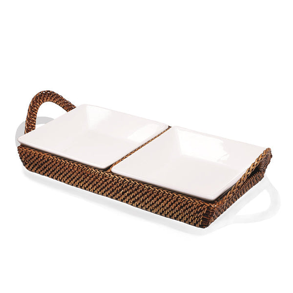 Crudite Section Condiment Rectangular Server Tray with 2 Porcelain Dish