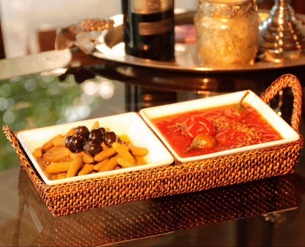 Crudite Section Condiment Rectangular Server Tray with 2 Porcelain Dish