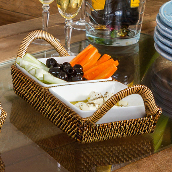 Rectangular Tray Sectional Server with 2 Sections & 2 Square Porcelain