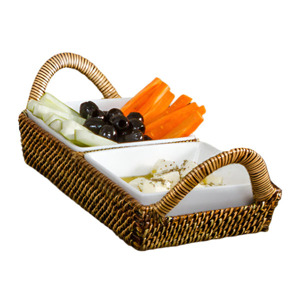 Rectangular Tray Sectional Server with 2 Sections & 2 Square Porcelain