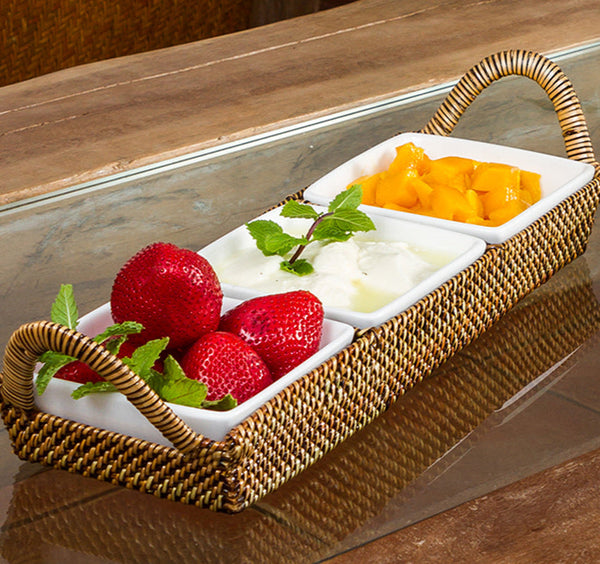 Rectangular Tray Sectional Server with 3 Sections & 3 Square Porcelain