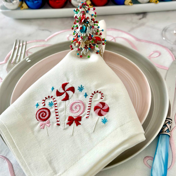 Candyland - Embroidered Holiday Napkins Pink / Turquoise (Set of 4)