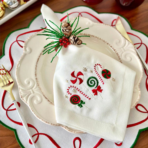Candyland - Embroidered Holiday Napkins Red / Green (Set of 4)