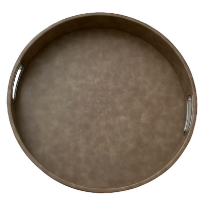 Chrome Handles - Round Vegan Leather Serving Tray Piedra Vizon