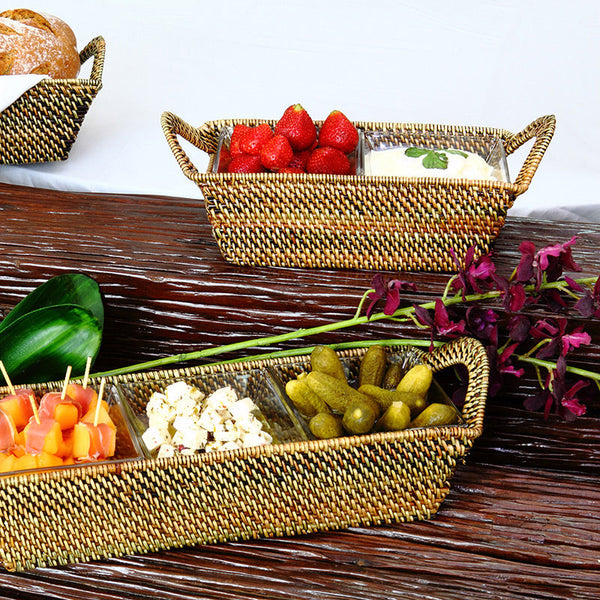 Rectangular Tray Sectional Server with 2 Sections & 2 Square Glass Dishes