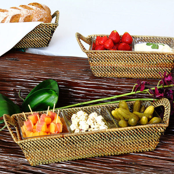 Rectangular Tray Sectional Server with 3 Sections & 3 Square Glass Dishes