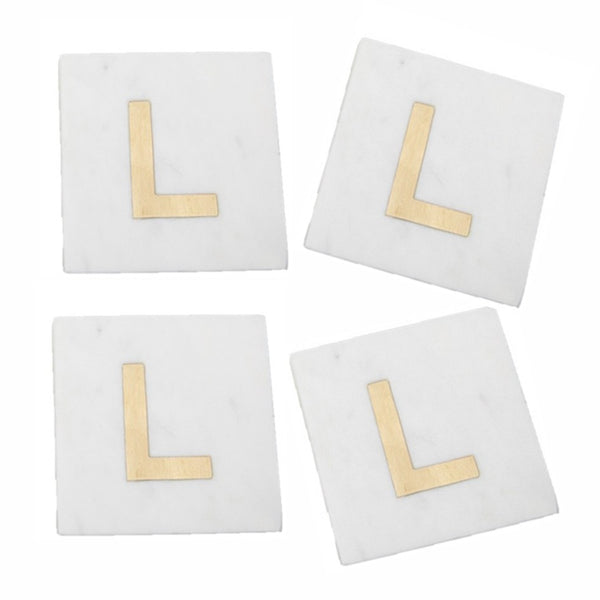 White Marble - Gold Monogram Letter "L" Coasters (Set of 4)