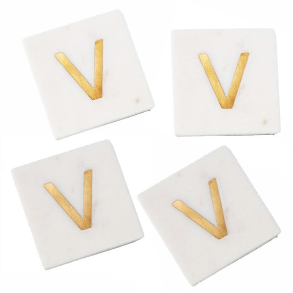 White Marble - Gold Monogram Letter "V" Coasters (Set of 4)