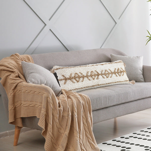 Boho Chic Geometric Jute and Cotton Lumbar Throw Pillow Rectangle