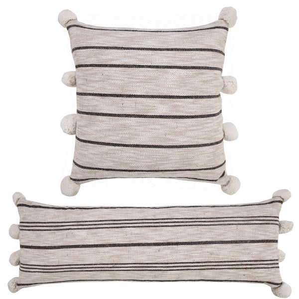 Modern Farmhouse Striped Throw Pillow with Pom Poms  Square