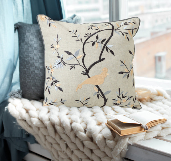Embroidered Botanical Bird Traditional Throw Pillow Square