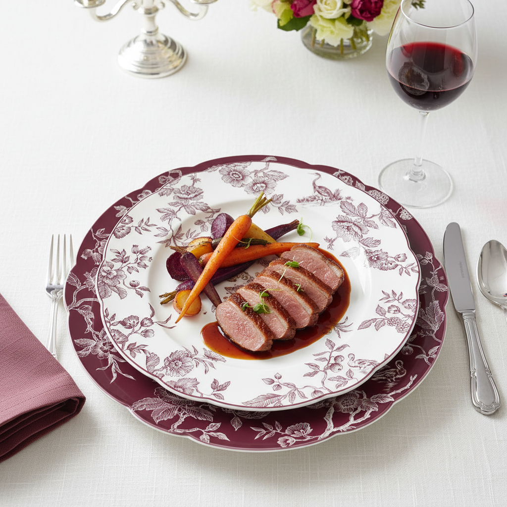 Albertine Prune - Dinner Plate sobre Charger con comida