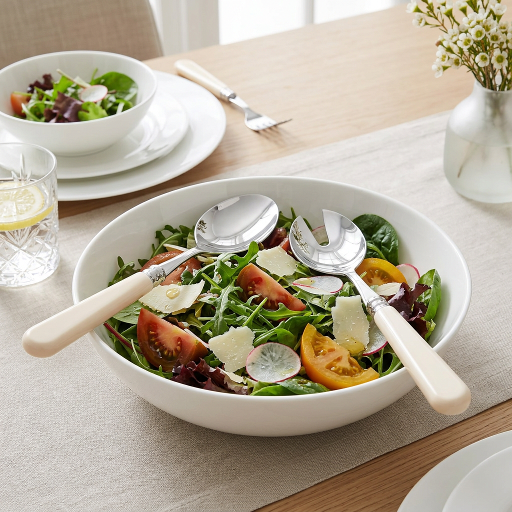 Altea Ivory Cream Salad Servers ambientados