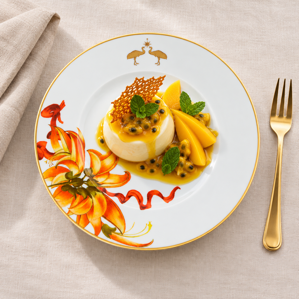 Amazonia Dessert Plate ambientado con postre tropical