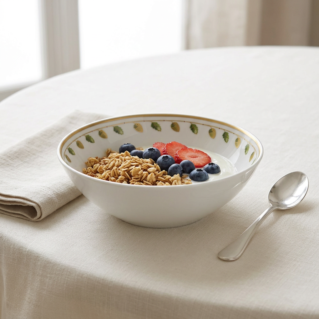 Ambientada Constance Cereal Bowl con desayuno servido