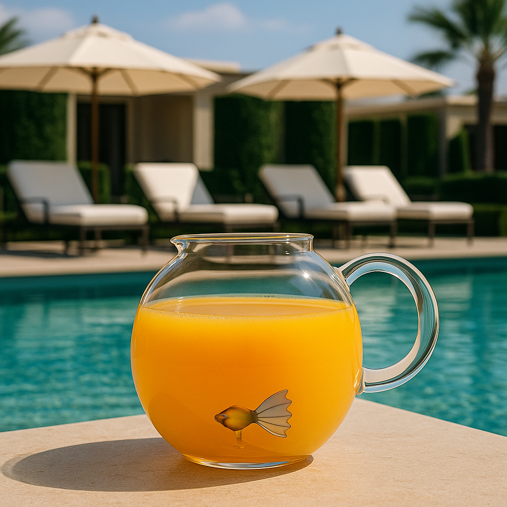 Animal Farm Pitcher Colored Fish en piscina elegante con jugo de naranja