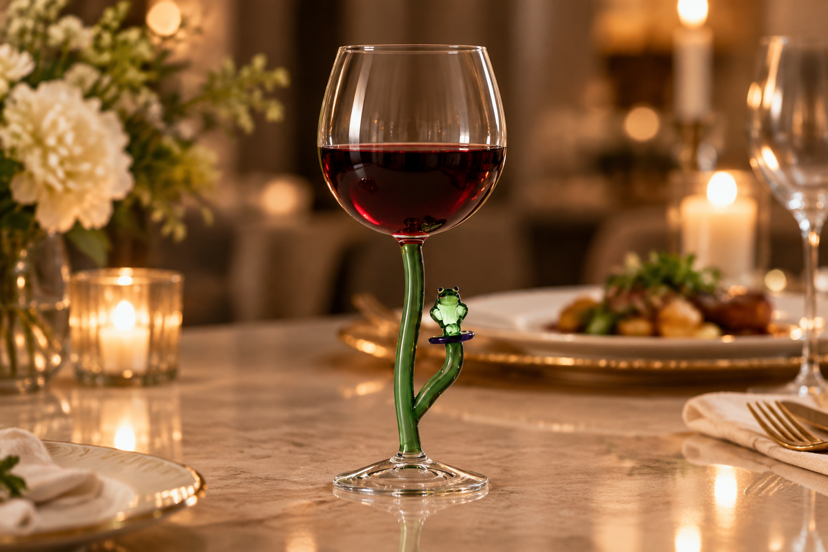 Animal Farm - Wine Goblet Frog ambientado en una mesa elegante