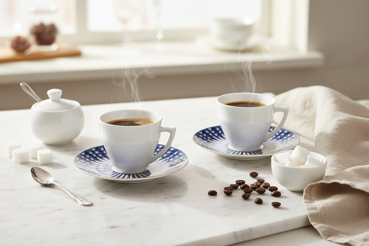 Arcadia Blue Coffee Cups & Saucers - Lifestyle