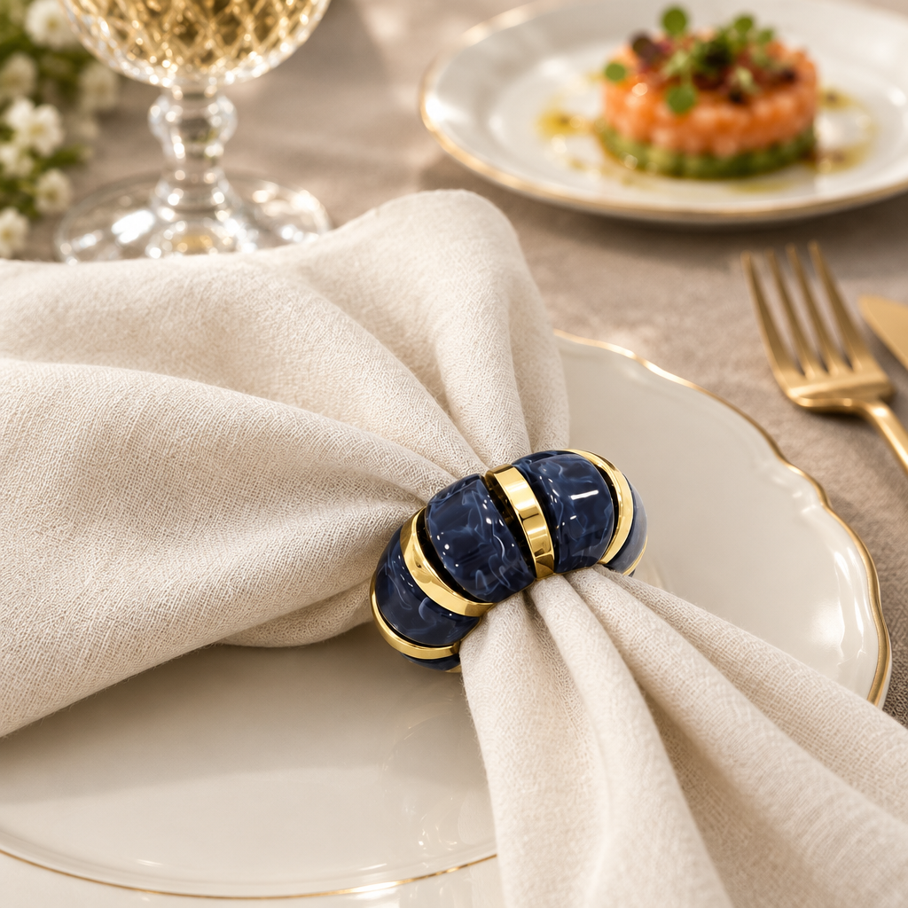 Aro Aura azul y dorado ambientado con servilleta marfil en una mesa elegante