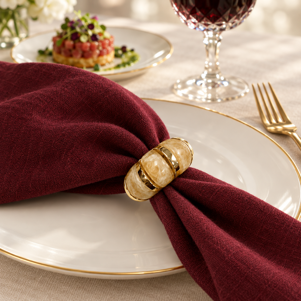 Aro Aura Gold en uso con servilleta borgoña en una mesa elegante