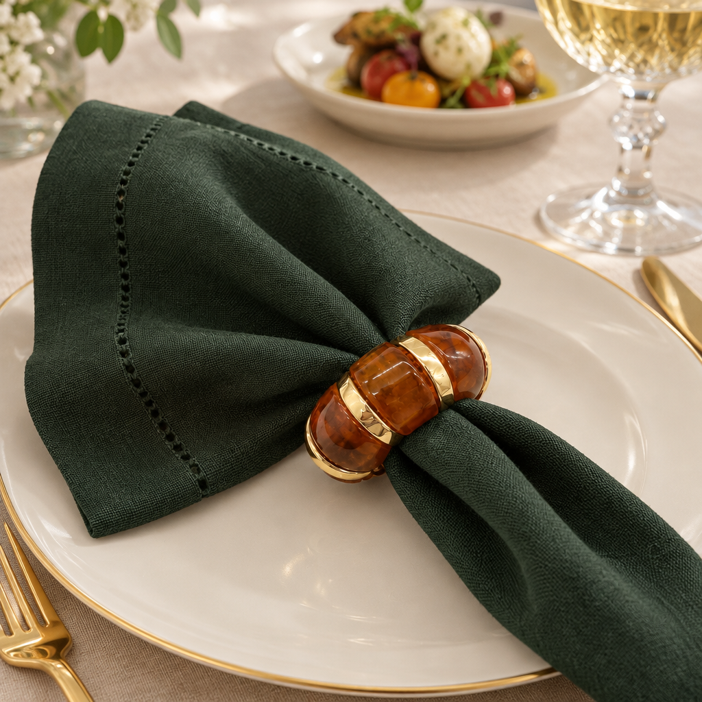 Aro Aura ámbar y dorado en uso con servilleta verde bosque en una mesa elegante