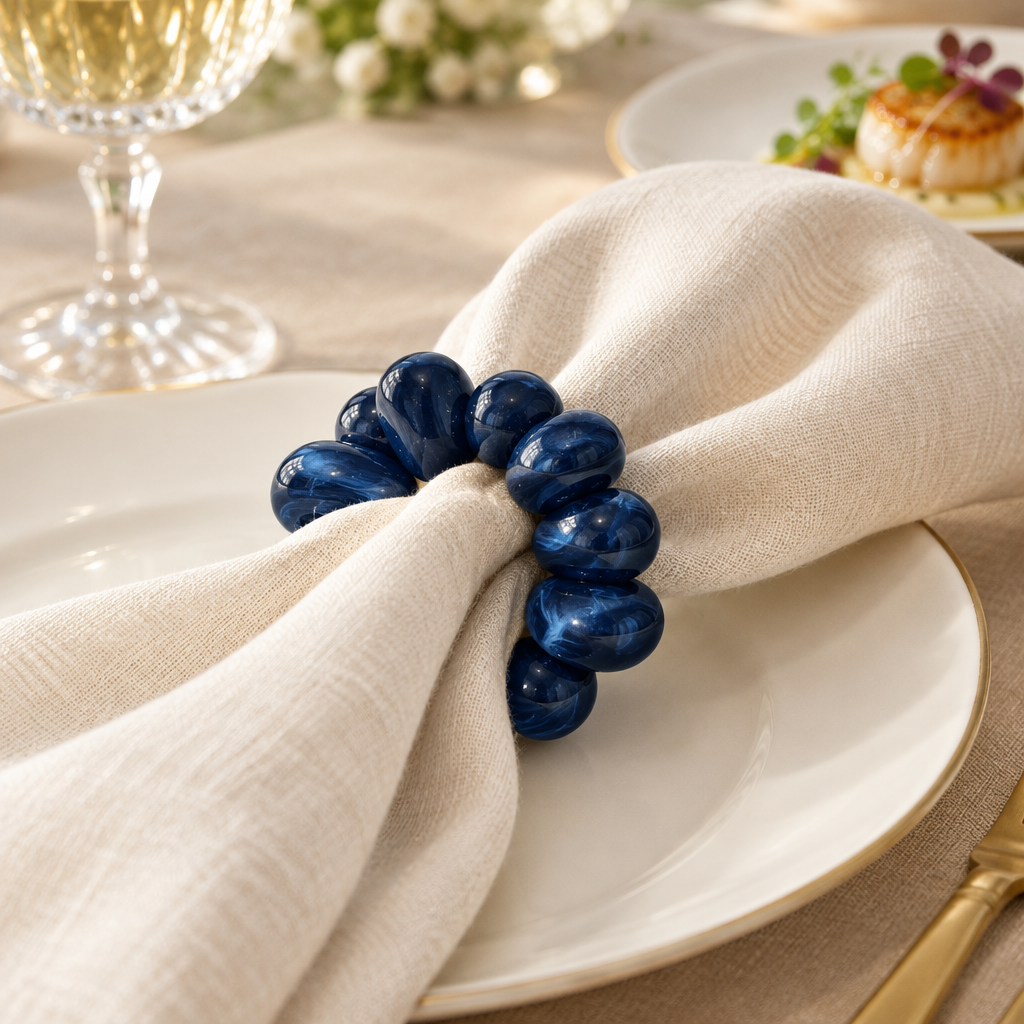 Aro Veneza azul con servilleta champagne en una mesa elegante
