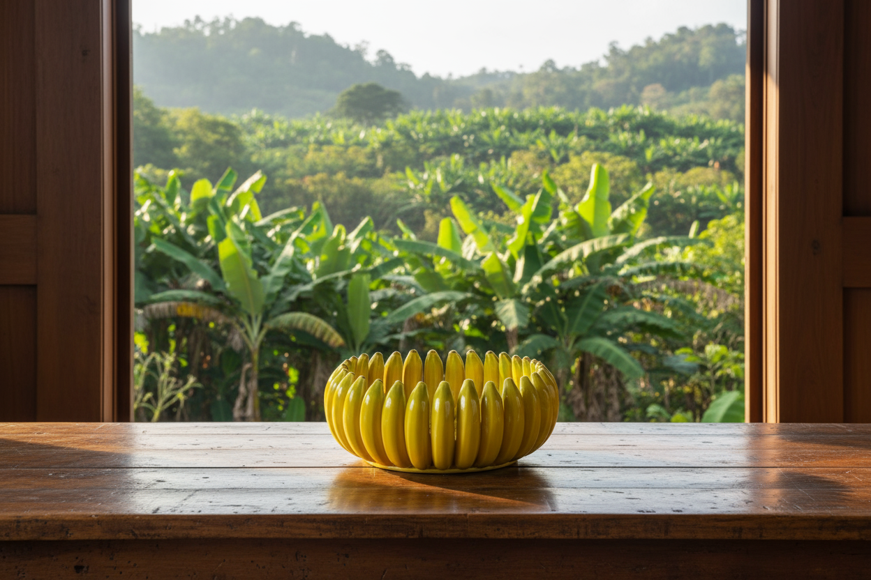 Banana da Madeira en ambiente elegante con selva y sembradío de cambures