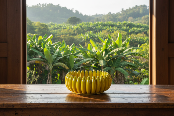 Banana da Madeira en ambiente elegante con selva y sembradío de cambures