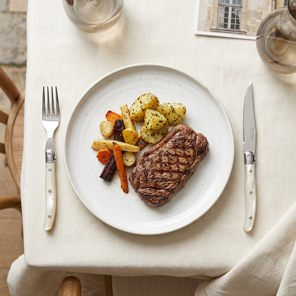 Berlingot neutral con cuchillo y tenedor junto al plato