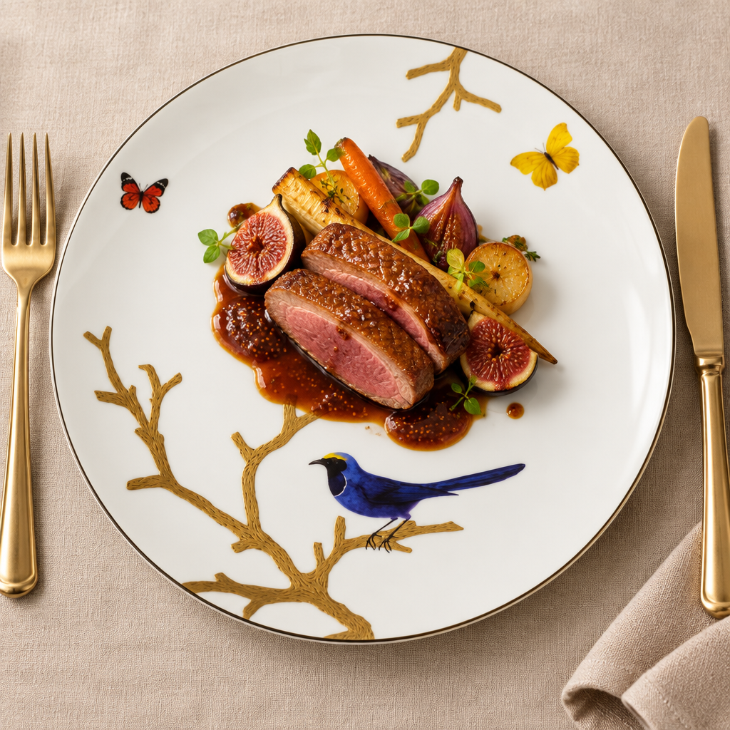 Bernardaud Aux Oiseaux Dinner Plate ambientado con pato