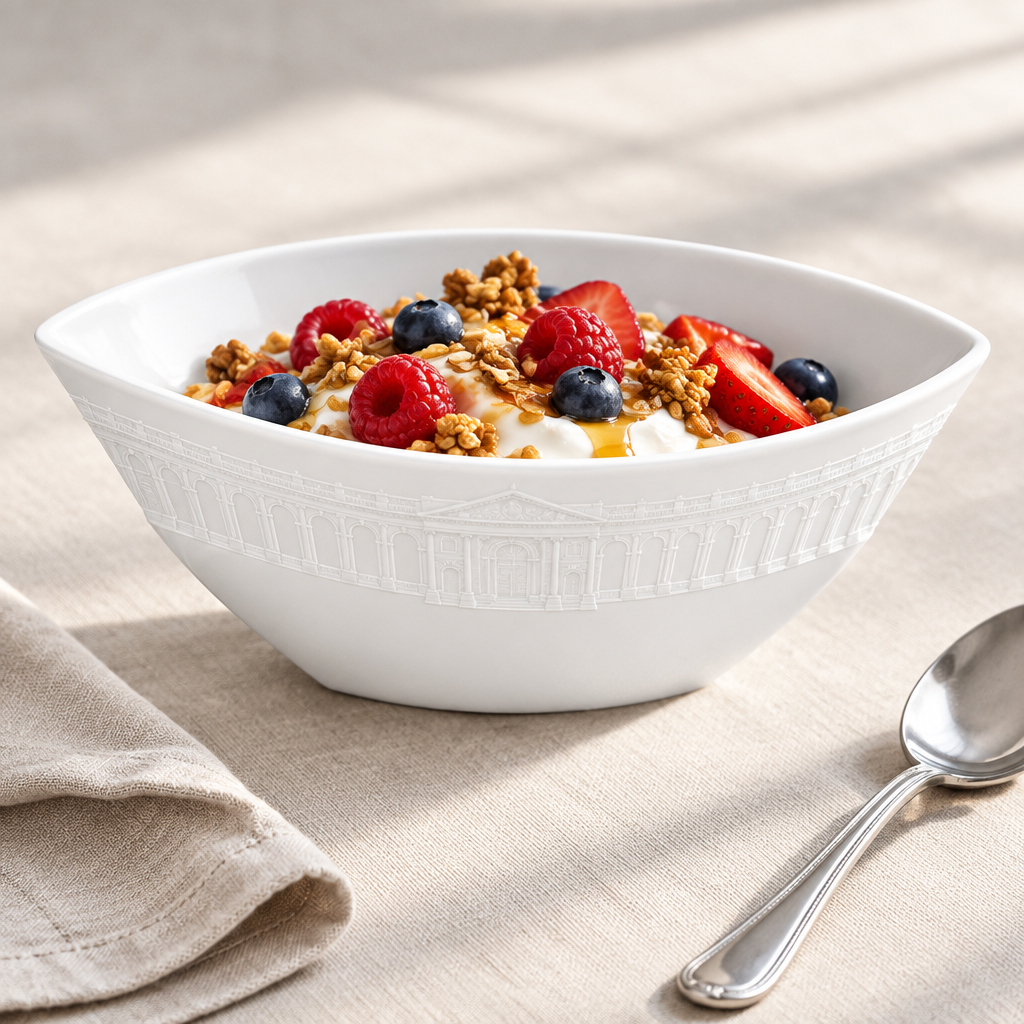 Bernardaud Louvre Cereal Bowl ambientado con yogurt y granola