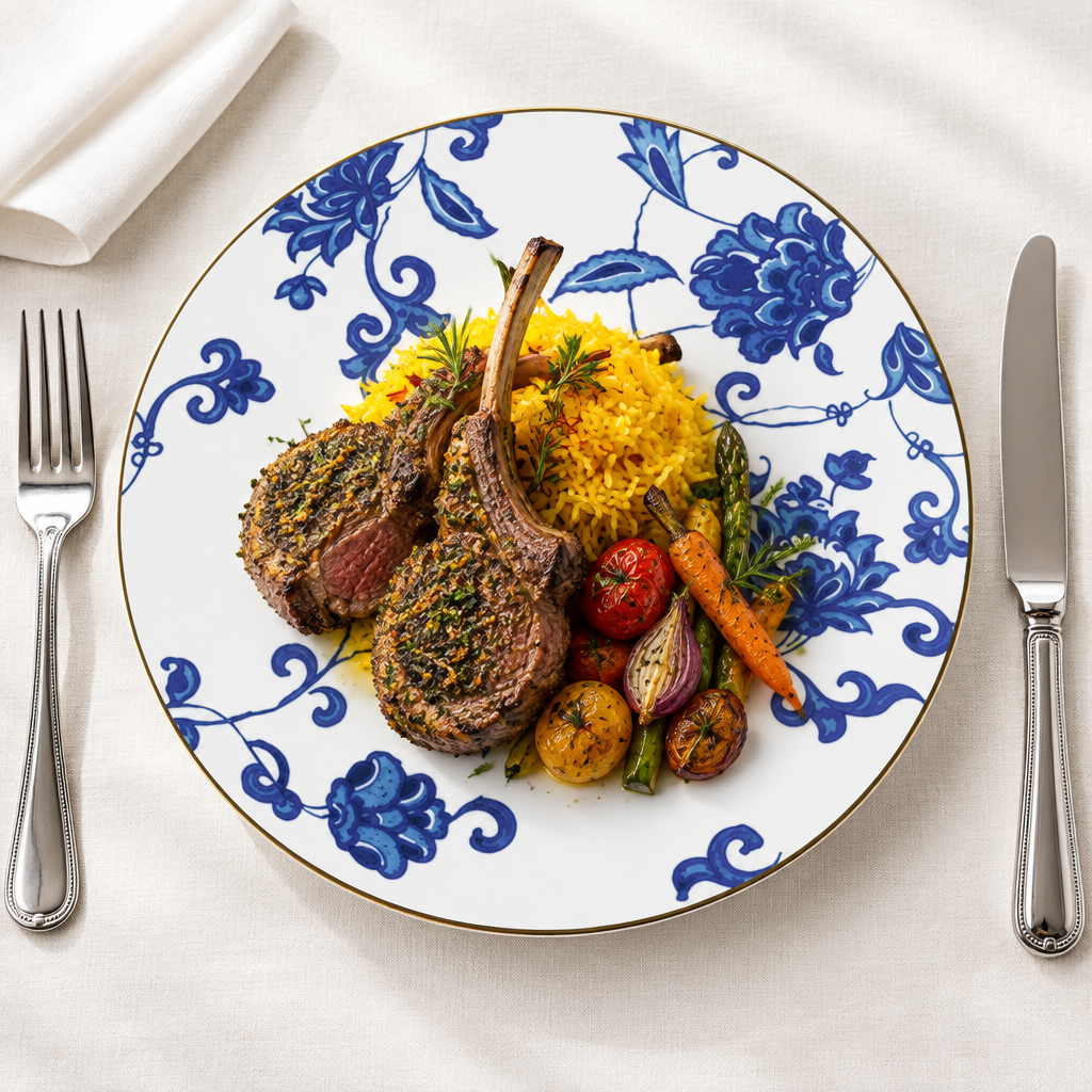 Bernardaud Prince Bleu Dinner Plate ambientado con cordero