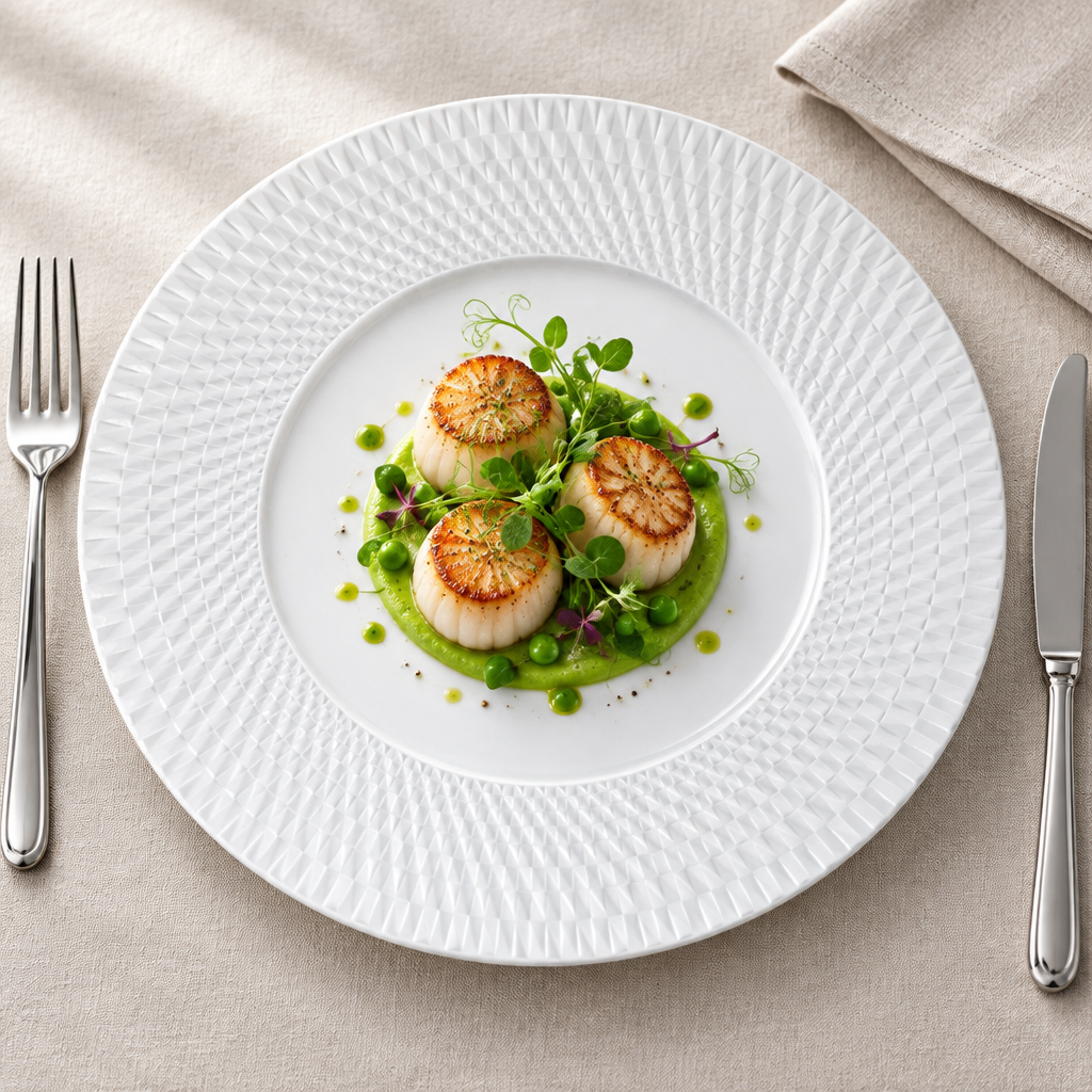 Bernardaud Twist Dinner Plate ambientado con vieiras