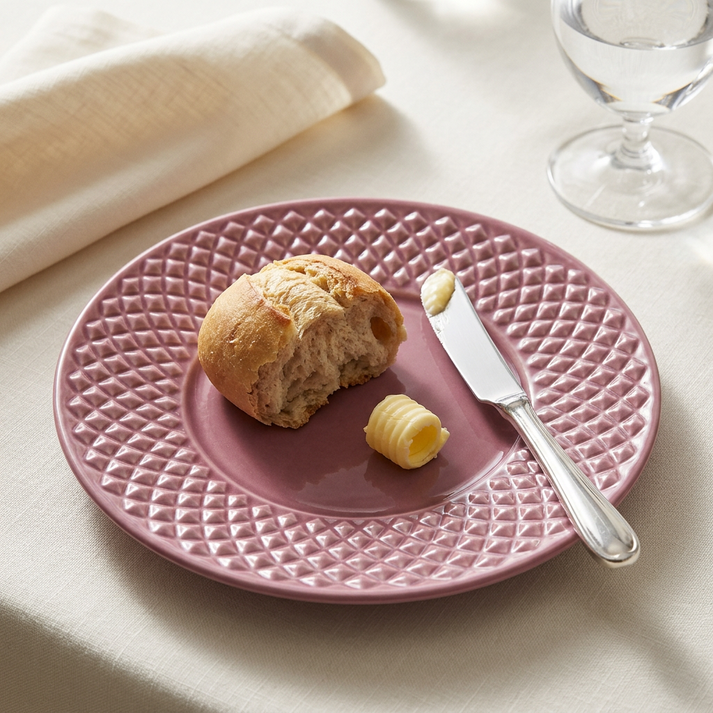 Bicos Pink, detalle de un plato de pan en uso
