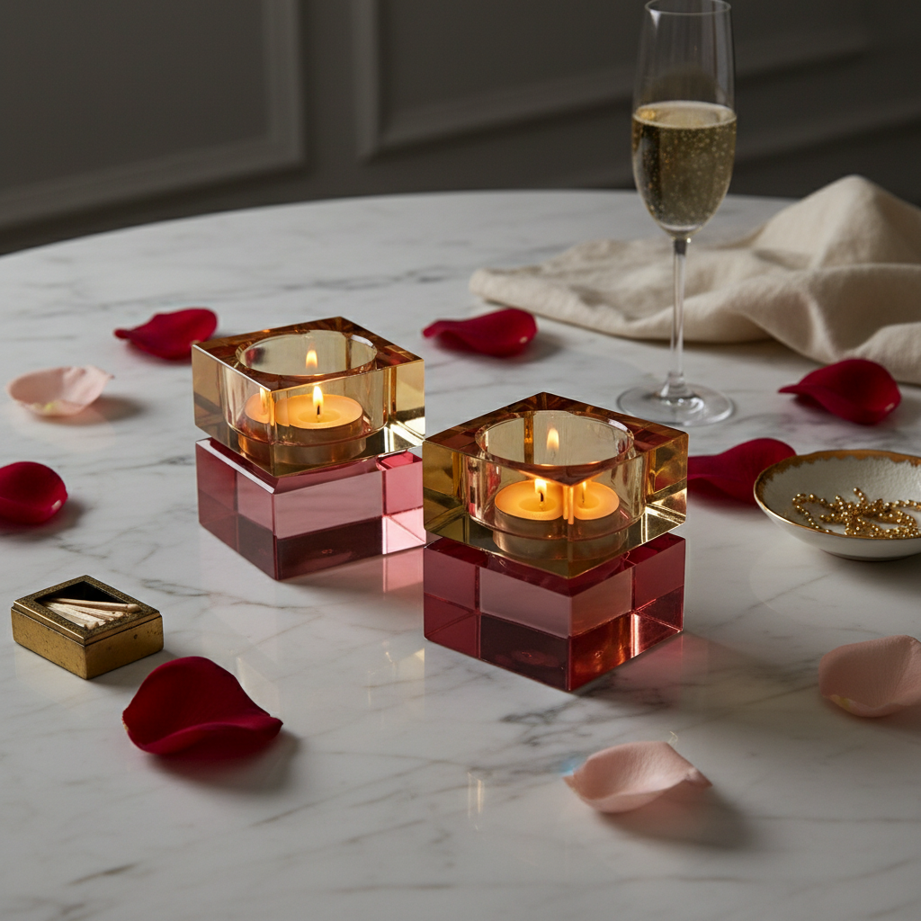 Block Crystal Candle Holders amber & pink ambientados elegante