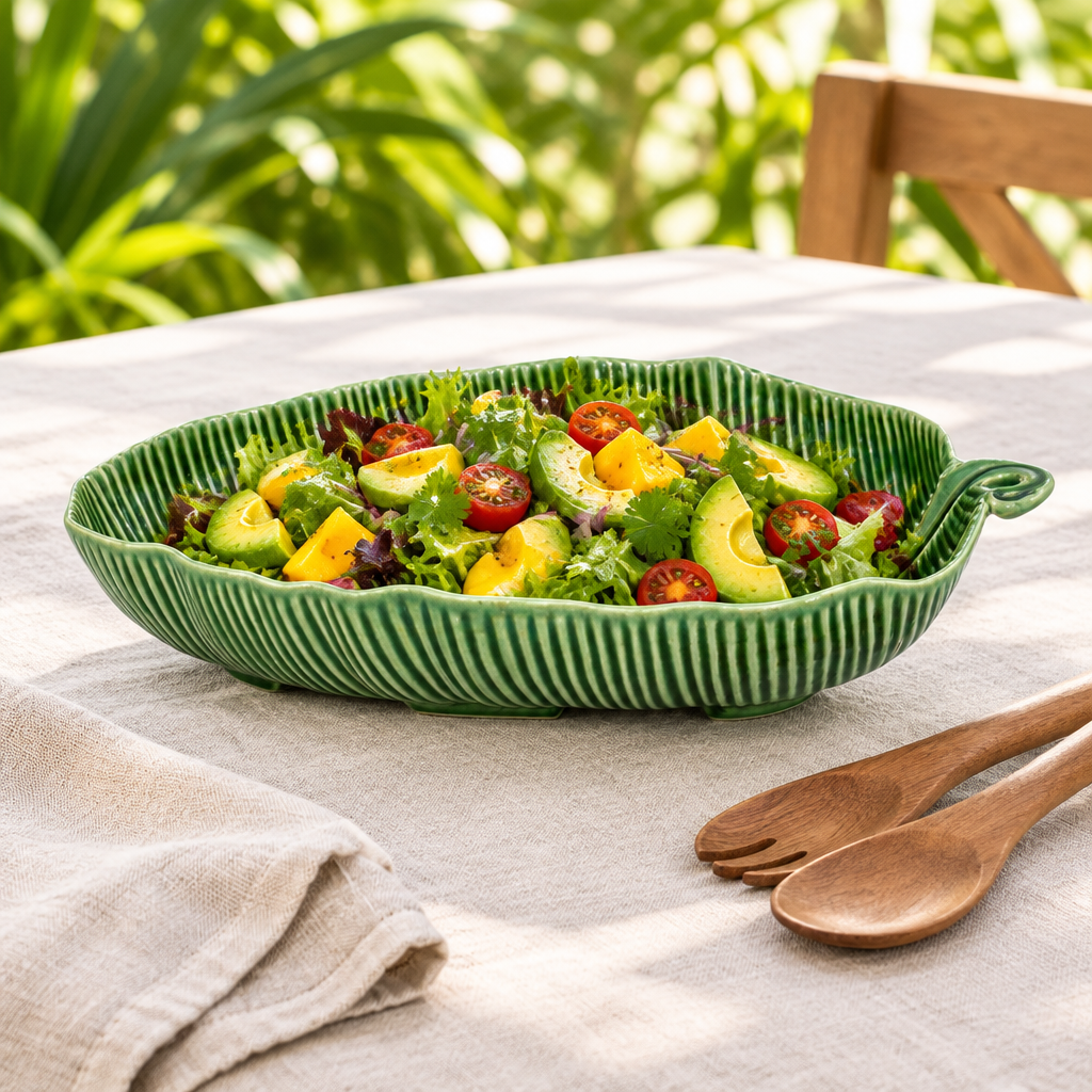 Bordallo Pinheiro Banana Tree Salad Bowl Medium ambientada con ensalada