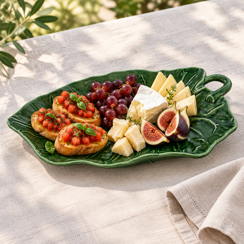 Bordallo Pinheiro Sunflower Large en verde ambientado con aperitivos