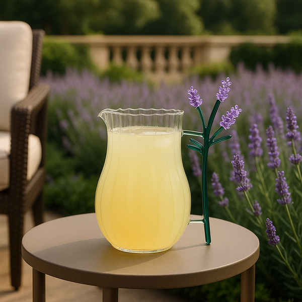 Botanica Pitcher Jug Lavender en terraza elegante con jardín de lavanda