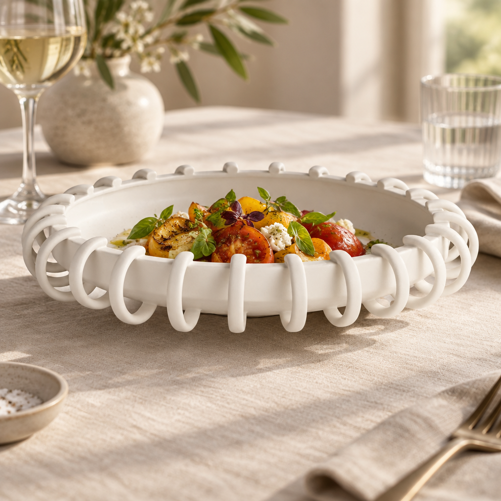 Bowl blanco mate ambientado en una mesa elegante